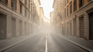 Empty city street with closed shutters during extreme heatwave