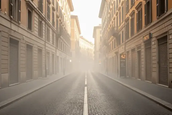 Empty city street with closed shutters during extreme heatwave