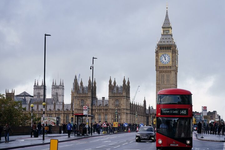 A London bus on a city street