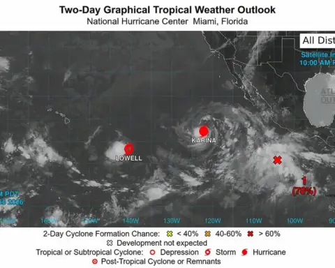 NOAA National Hurricane Center Two-Day Graphical Tropical Weather Outlook showing Hurricane Karina and Tropical Storm Lowell in the eastern Pacific
