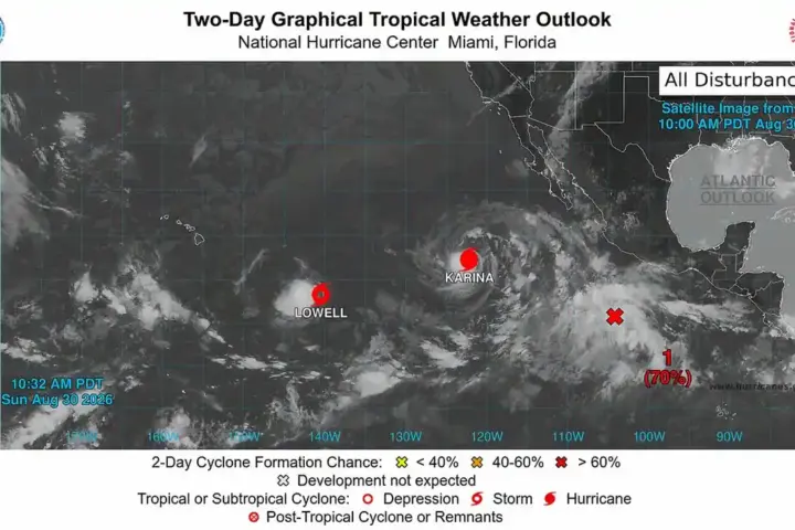 NOAA National Hurricane Center Two-Day Graphical Tropical Weather Outlook showing Hurricane Karina and Tropical Storm Lowell in the eastern Pacific