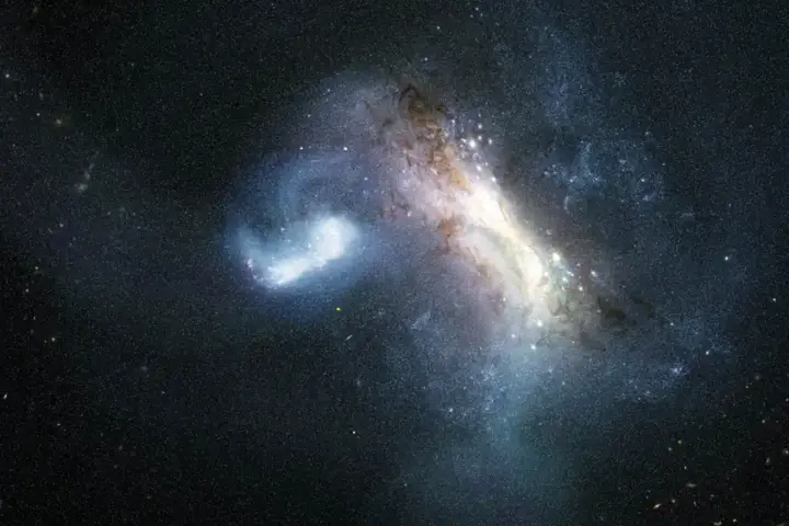 Artist's impression of the LKH dwarf galaxy merging with the early Milky Way, based on Hubble observations.