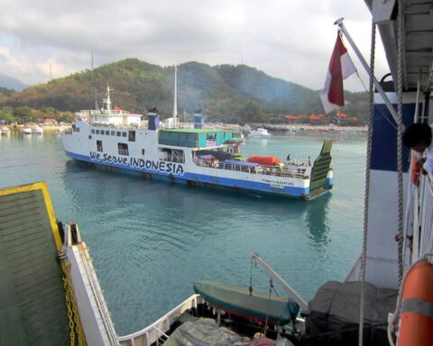 A ferry approaching the port of Lombok, Indonesia.