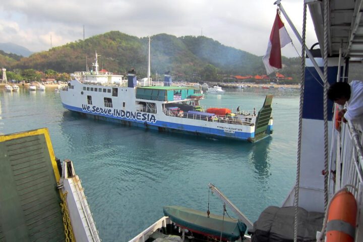 A ferry approaching the port of Lombok, Indonesia.