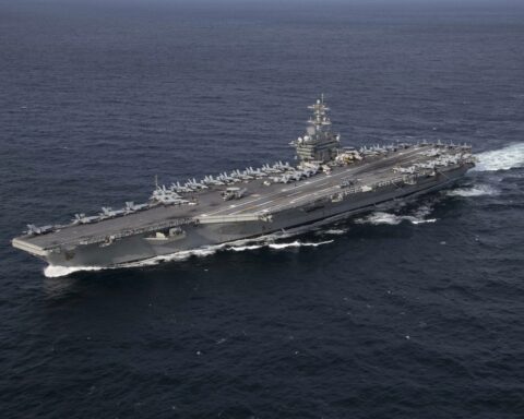 The aircraft carrier USS Abraham Lincoln underway at sea.