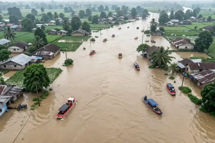Aerial view of severe monsoon flooding in Assam, India, with swollen rivers submerging villages and only rooftops visible above floodwaters. Rescue boats navigate through the flooded streets.