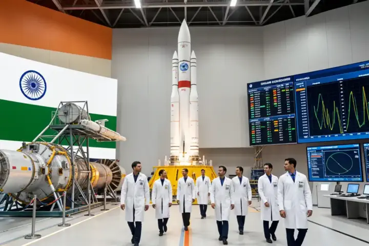 Indian Space Research Organisation launch facility with rocket on pad