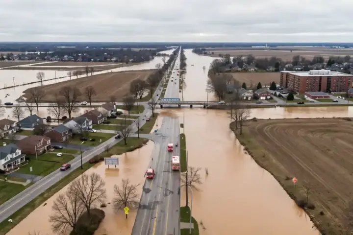 Aerial view of flooded streets and farmland in Indiana during the August 2026 White River flooding