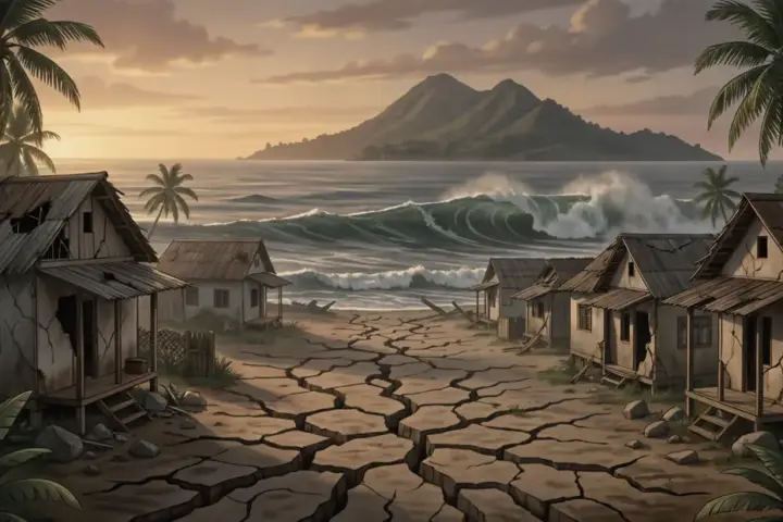 Illustration of a damaged coastal Indonesian village after the Flores earthquake