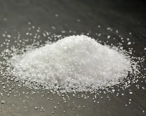 White crystalline erythritol sugar substitute powder on dark stone surface representing artificial sweetener health research