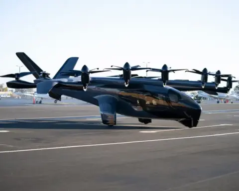Modern electric aircraft on airport tarmac representing aviation industry and air traffic control operations