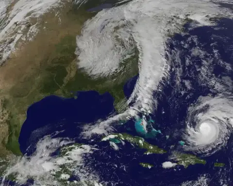 Satellite view of an Atlantic tropical storm