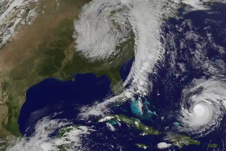 Satellite view of an Atlantic tropical storm
