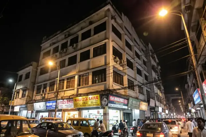Multi-storey building on a Kolkata street at night