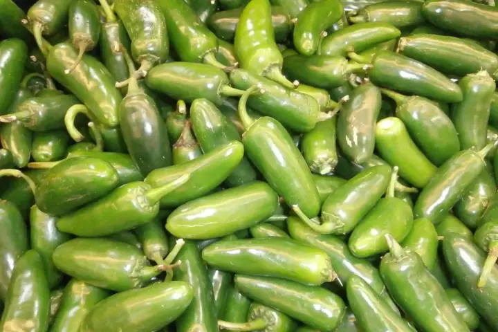 Close-up of a dense pile of fresh whole green jalapeno peppers with stems attached, filling the frame