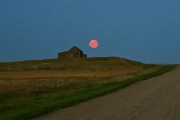 Partial lunar eclipse with Moon appearing reddish in Earth's umbral shadow, astrophotography by Evelyn Berg
