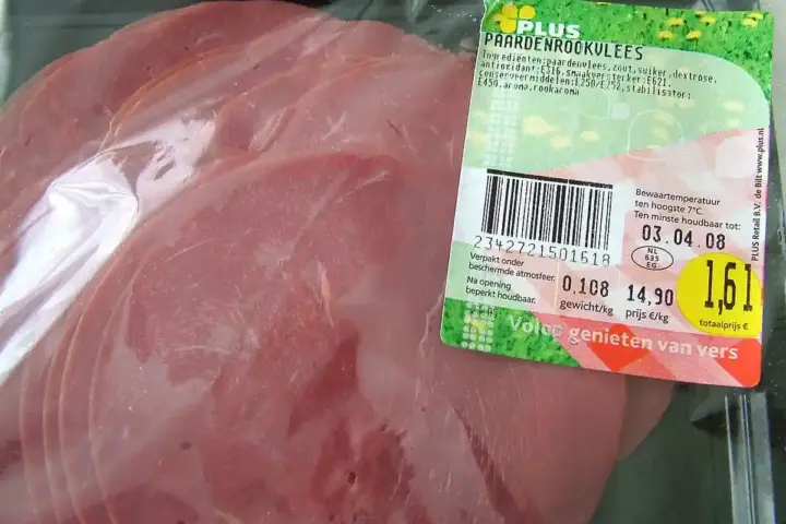 Raw horse meat in a retail package.