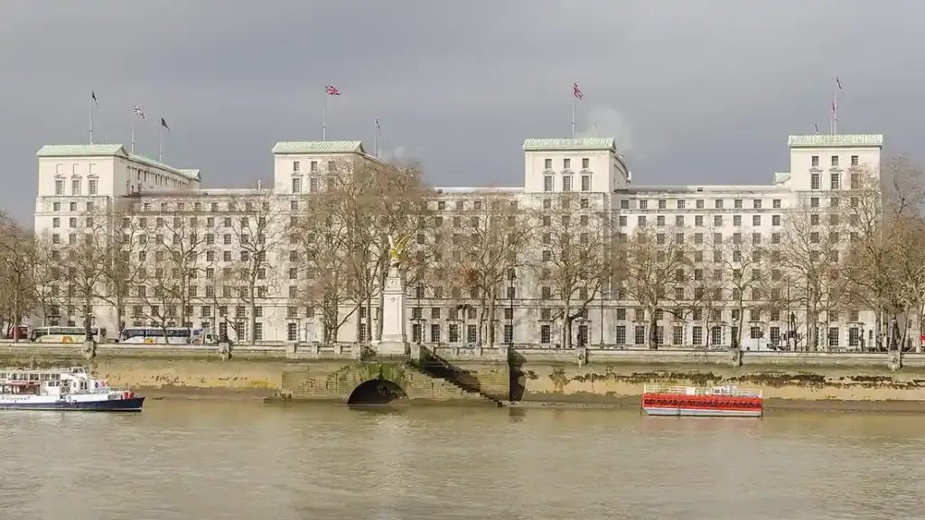 The Ministry of Defence Main Building on the Thames Embankment in London.