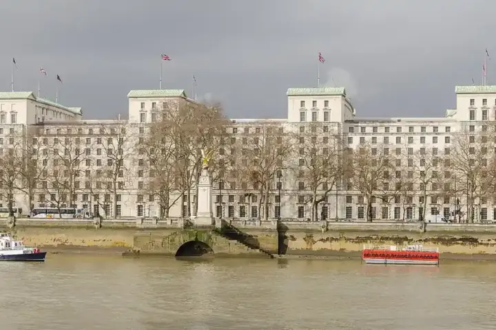 The Ministry of Defence Main Building on the Thames Embankment in London.