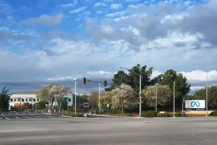 The entrance sign at Meta Platforms headquarters, 1 Hacker Way, Menlo Park, California.