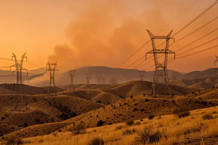 Power transmission lines across dry California hills under a smoky wildfire-threatened sky