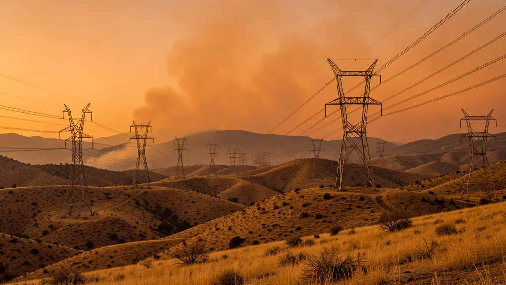 Power transmission lines across dry California hills under a smoky wildfire-threatened sky