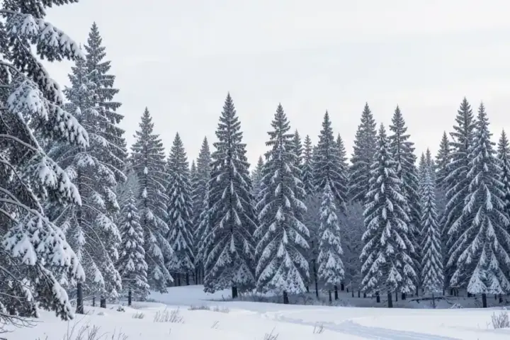 Snow-covered pine forest in a cold winter landscape