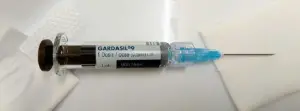 A Gardasil 9 HPV vaccine vial and packaging used in cervical cancer prevention programs.
