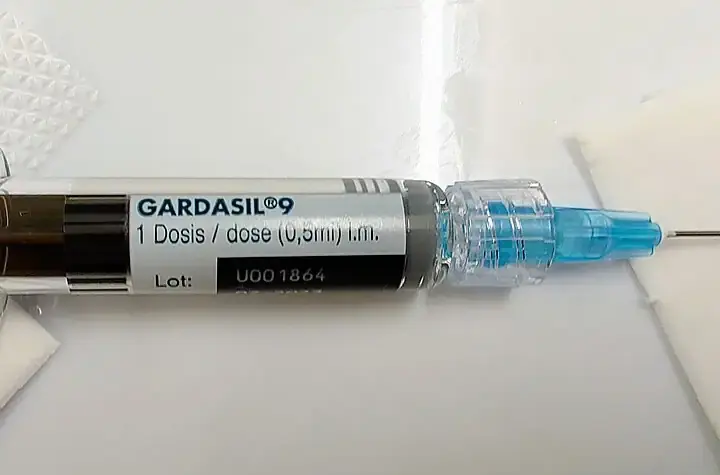 A Gardasil 9 HPV vaccine vial and packaging used in cervical cancer prevention programs.