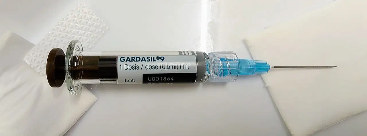 A Gardasil 9 HPV vaccine vial and packaging used in cervical cancer prevention programs.
