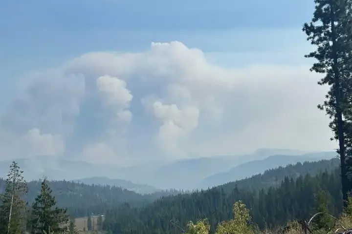A pyrocumulus smoke column rising above forested ridges in Washington state.