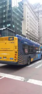 New York City MTA bus on a street with dedicated transit lane, representing protected bus lanes