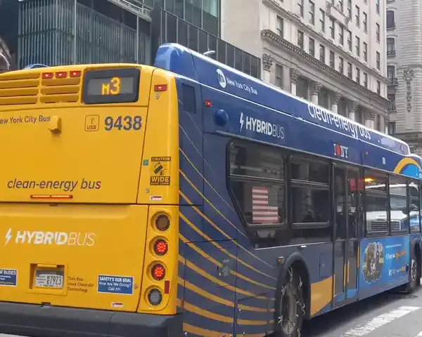 New York City MTA bus on a street with dedicated transit lane, representing protected bus lanes