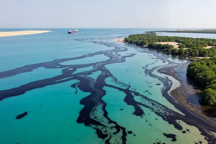 Aerial view of dark oil slicks spreading across turquoise Persian Gulf waters near a mangrove-lined coastline, with a distant cargo ship visible.