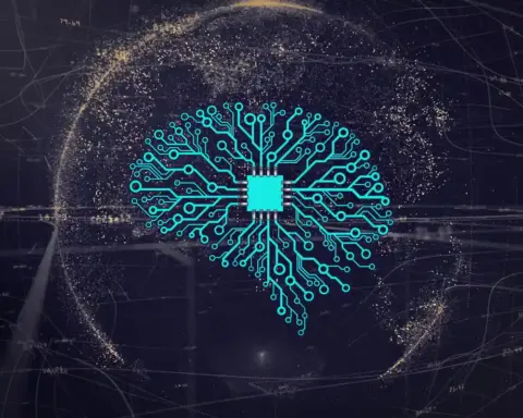 Photograph of a computer chip mounted on a representation of an artificial neural network, illustrating AI computing hardware.