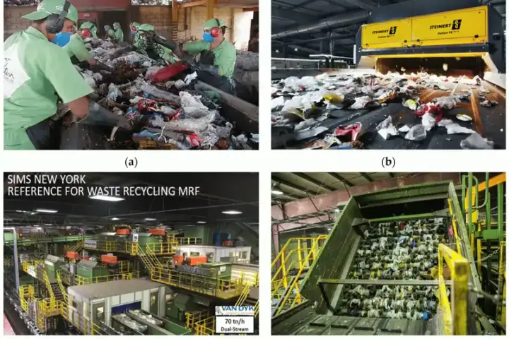 Workers manually sort plastic waste by resin type at a materials recovery facility.
