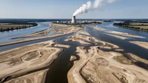 Aerial view of the Danube River at record low water levels, showing extensive sandbanks exposed along the riverbank with a nuclear cooling tower visible in the distance.
