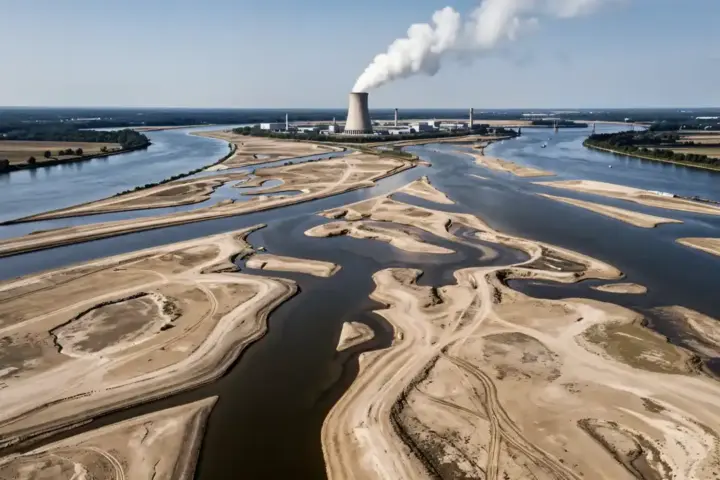 Aerial view of the Danube River at record low water levels, showing extensive sandbanks exposed along the riverbank with a nuclear cooling tower visible in the distance.
