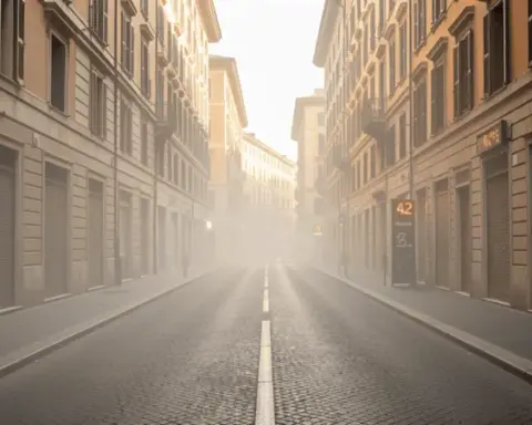 A nearly deserted Via del Corso in central Rome during a heatwave red alert, with building shutters closed against the midday sun. Deserted streets signal how extreme heat reshapes urban life across Southern Europe, where 135 million people baked under 35C-plus temperatures on August 13, 2026.