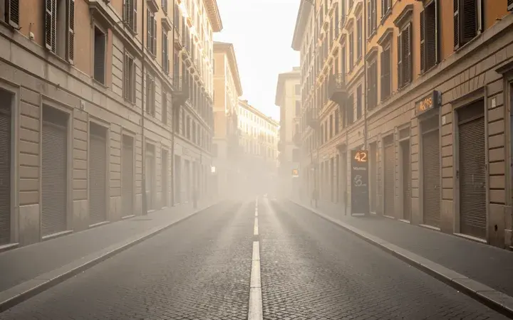 A nearly deserted Via del Corso in central Rome during a heatwave red alert, with building shutters closed against the midday sun. Deserted streets signal how extreme heat reshapes urban life across Southern Europe, where 135 million people baked under 35C-plus temperatures on August 13, 2026.