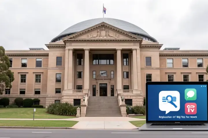 Australian Parliament House beside a laptop showing search and social network icons