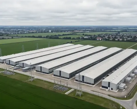 Aerial view of a proposed data centre campus with server halls and electrical substations on green belt farmland.