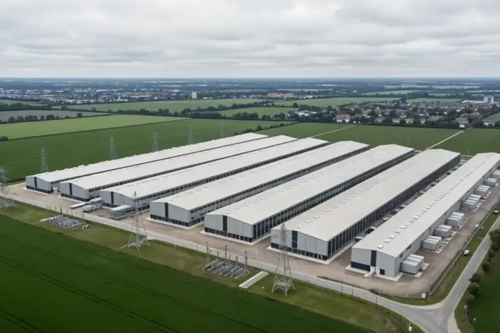 Aerial view of a proposed data centre campus with server halls and electrical substations on green belt farmland.