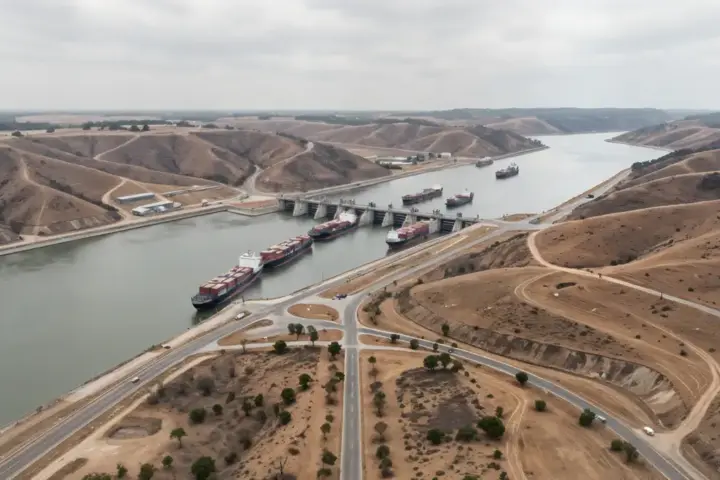 Aerial view of the Panama Canal with cargo ships at the locks during low water levels.