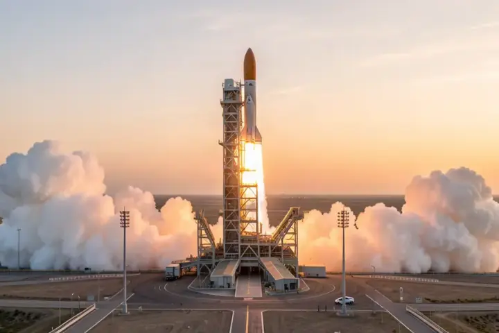 A rocket on a launch pad at a spaceport at dawn