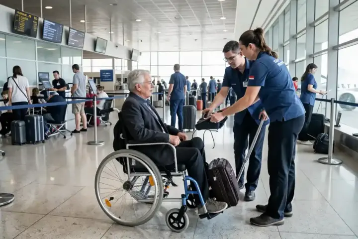 Airport terminal scene with a passenger using a powered wheelchair and airline staff assisting.