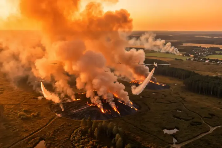 Firefighting aircraft drops water on peat bog wildfire near High Fens, Belgium, August 2026.