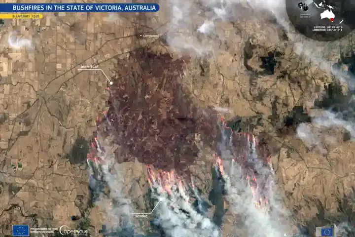 Bushfire smoke plumes visible over Victoria, Australia from satellite imagery