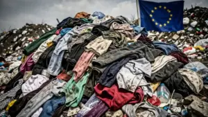 A pile of discarded fast fashion clothes on a landfill site, dirty and tangled, with a European Union flag barely visible in the background.