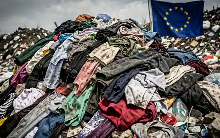 A pile of discarded fast fashion clothes on a landfill site, dirty and tangled, with a European Union flag barely visible in the background.